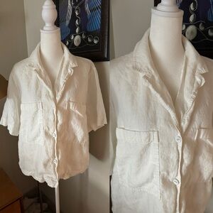 Everlane women's XL white short sleeved linen button down blouse top pocket frnt